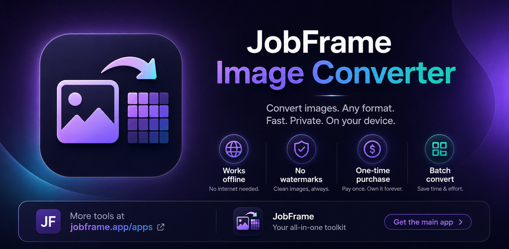 JobFrame Image Converter app icon and private local image conversion features